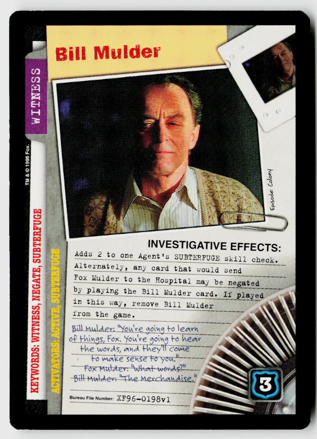 X-Files CCG | Premiere | Bill Mulder XF96-0198v1 Rare