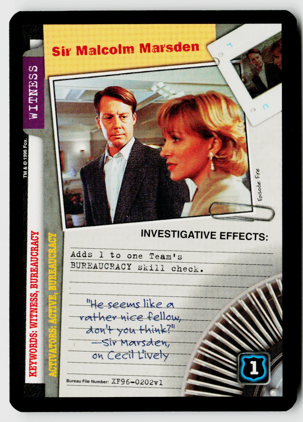 X-Files CCG | Premiere | Sir Malcolm Marsden XF96-0202v1 Common