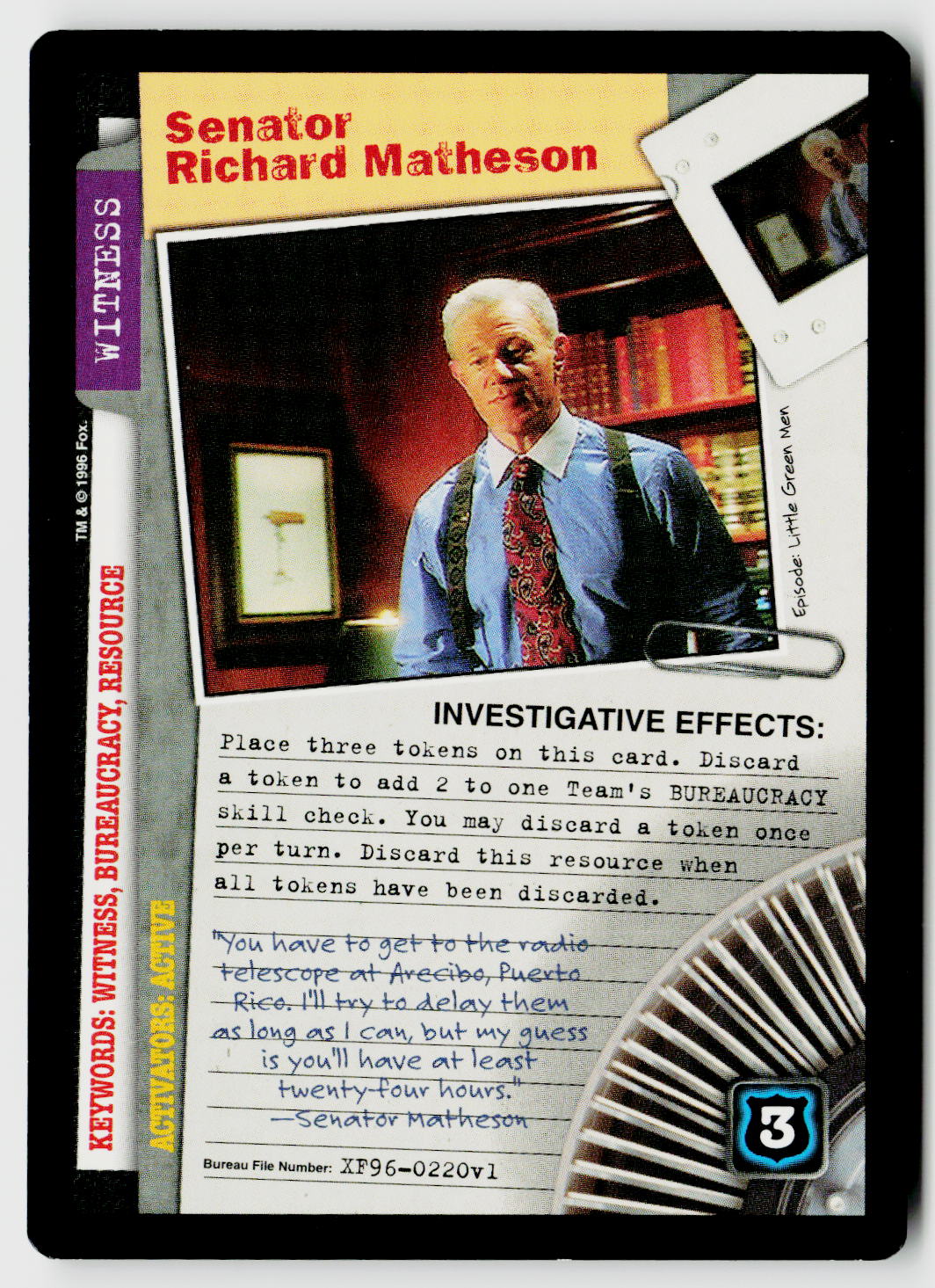X-Files CCG | Premiere | Senator Richard Matheson XF96-0220v1 Rare