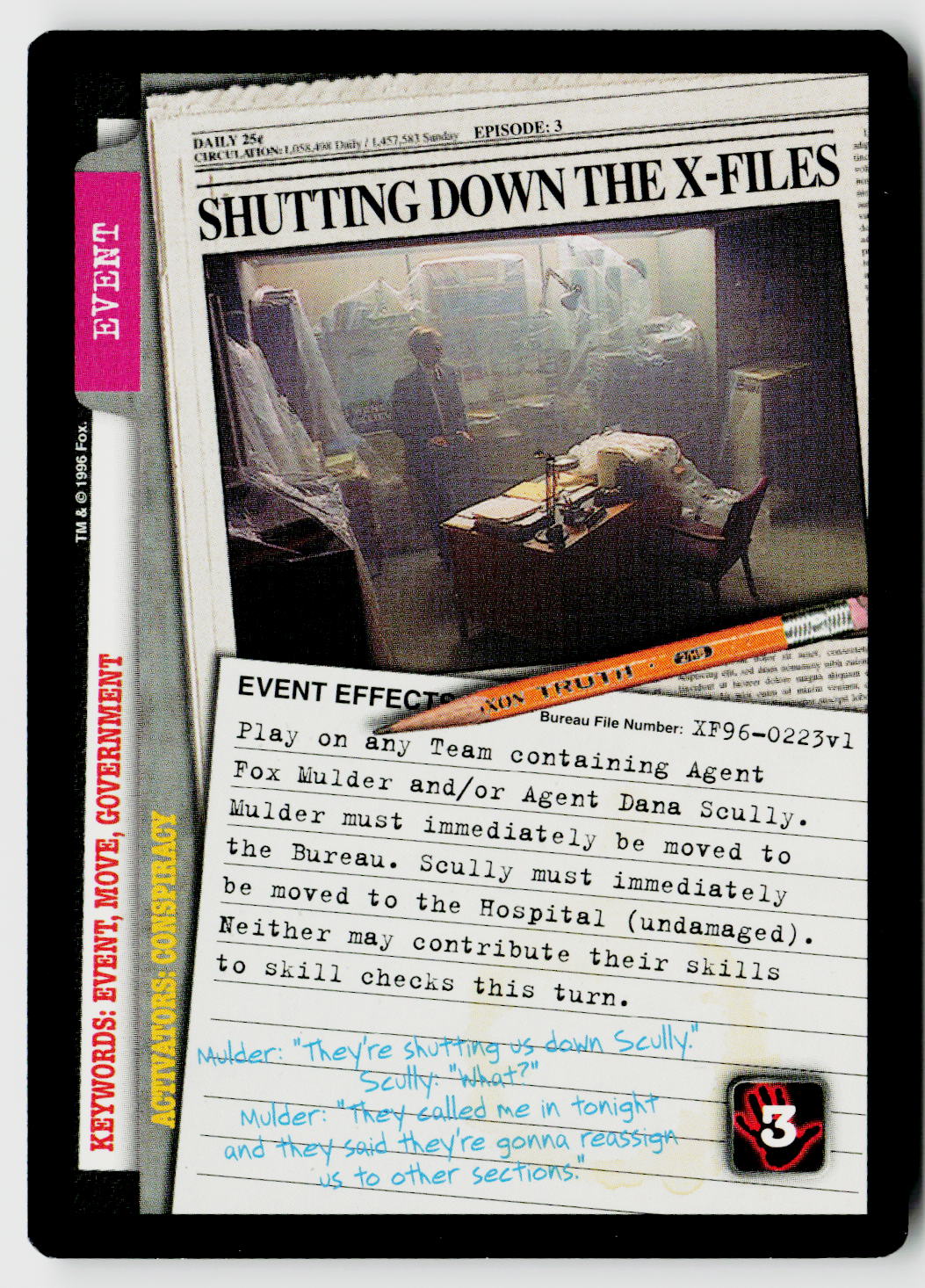 X-Files CCG | Premiere | Shutting Down The X-Files XF96-0223v1 Rare