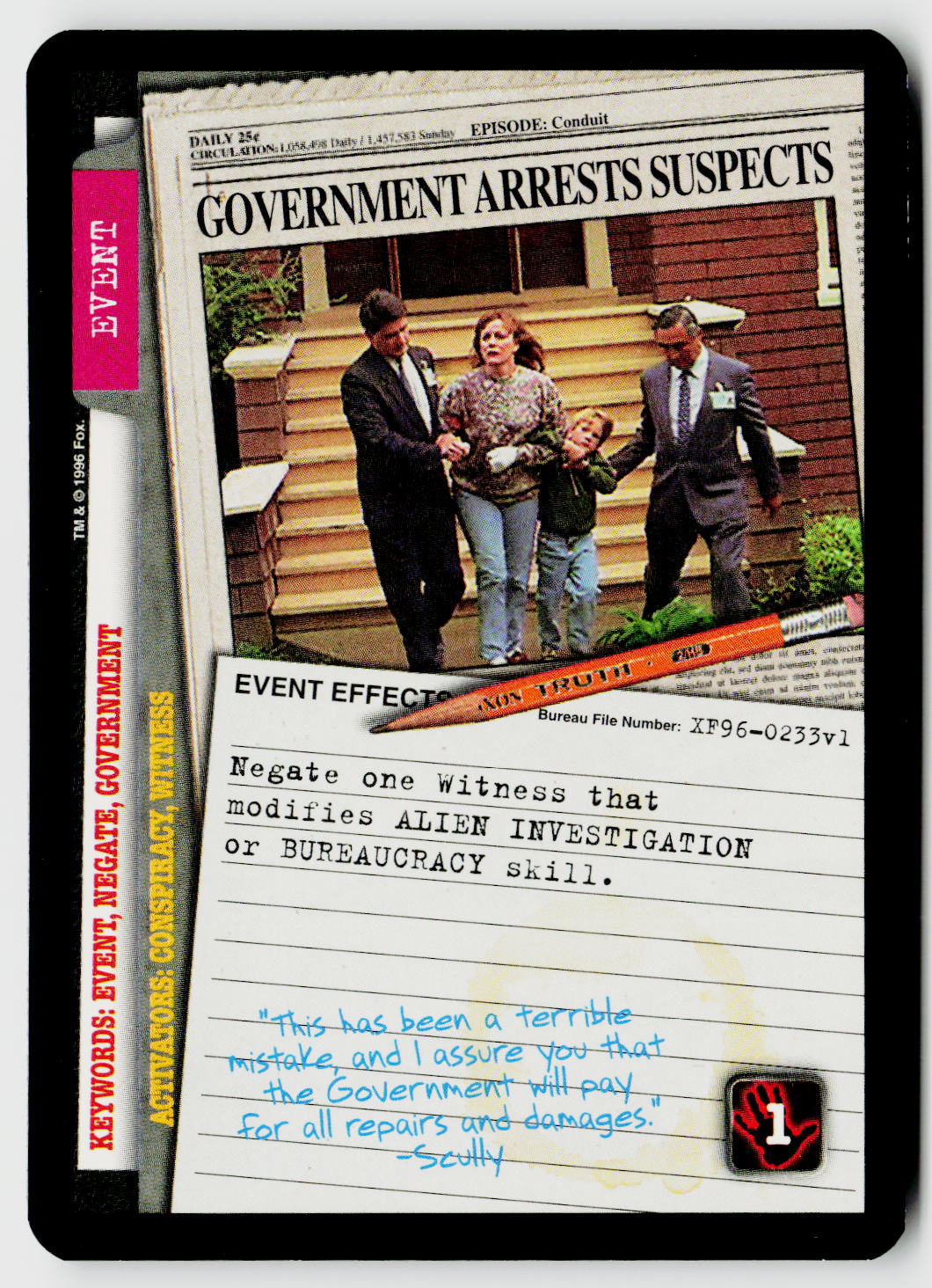 X-Files CCG | Premiere | Government Arrests Suspects XF96-0233v1 Common