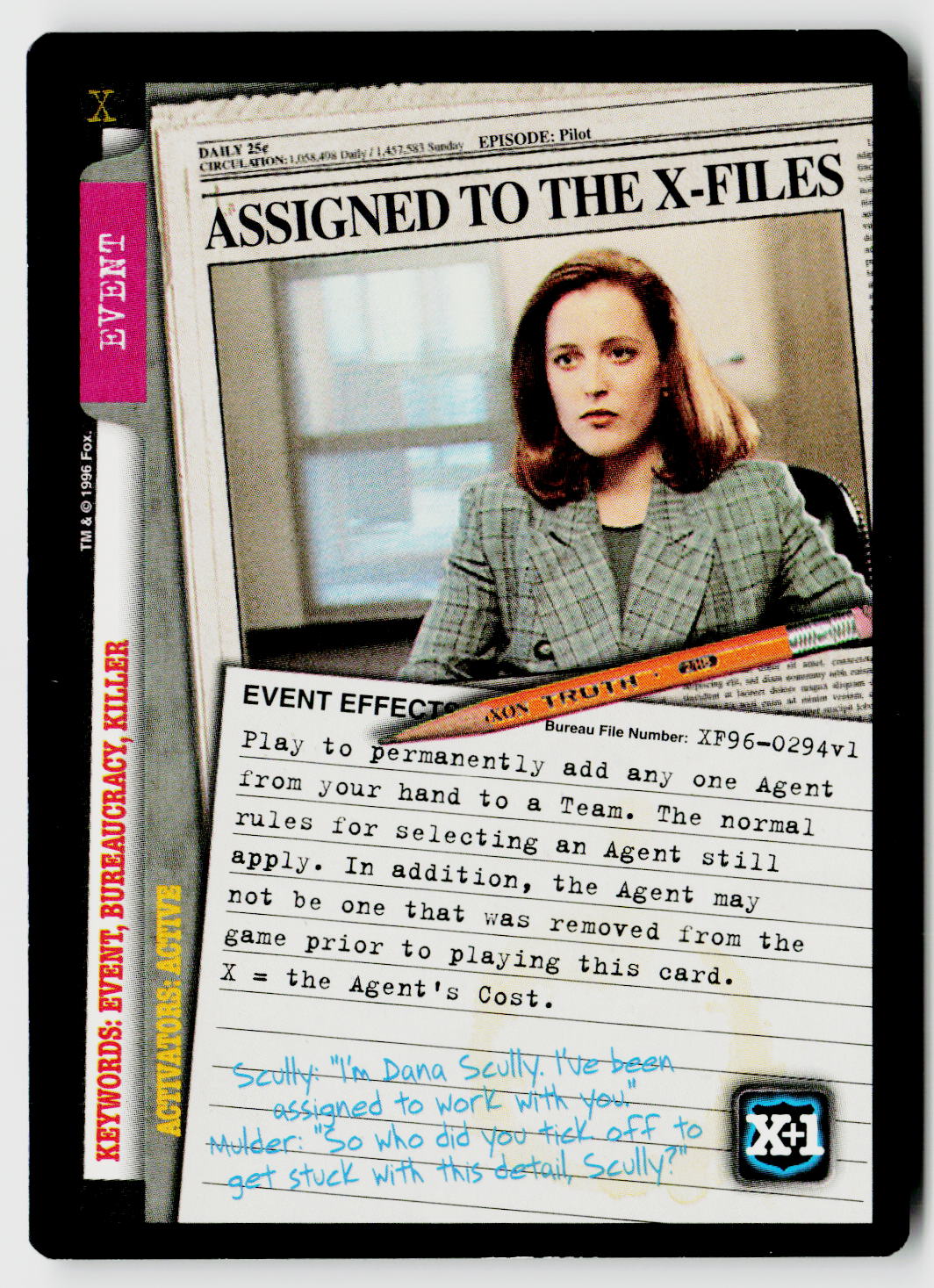 X-Files CCG | Premiere | Assigned To The X-Files XF96-0294v1 Rare