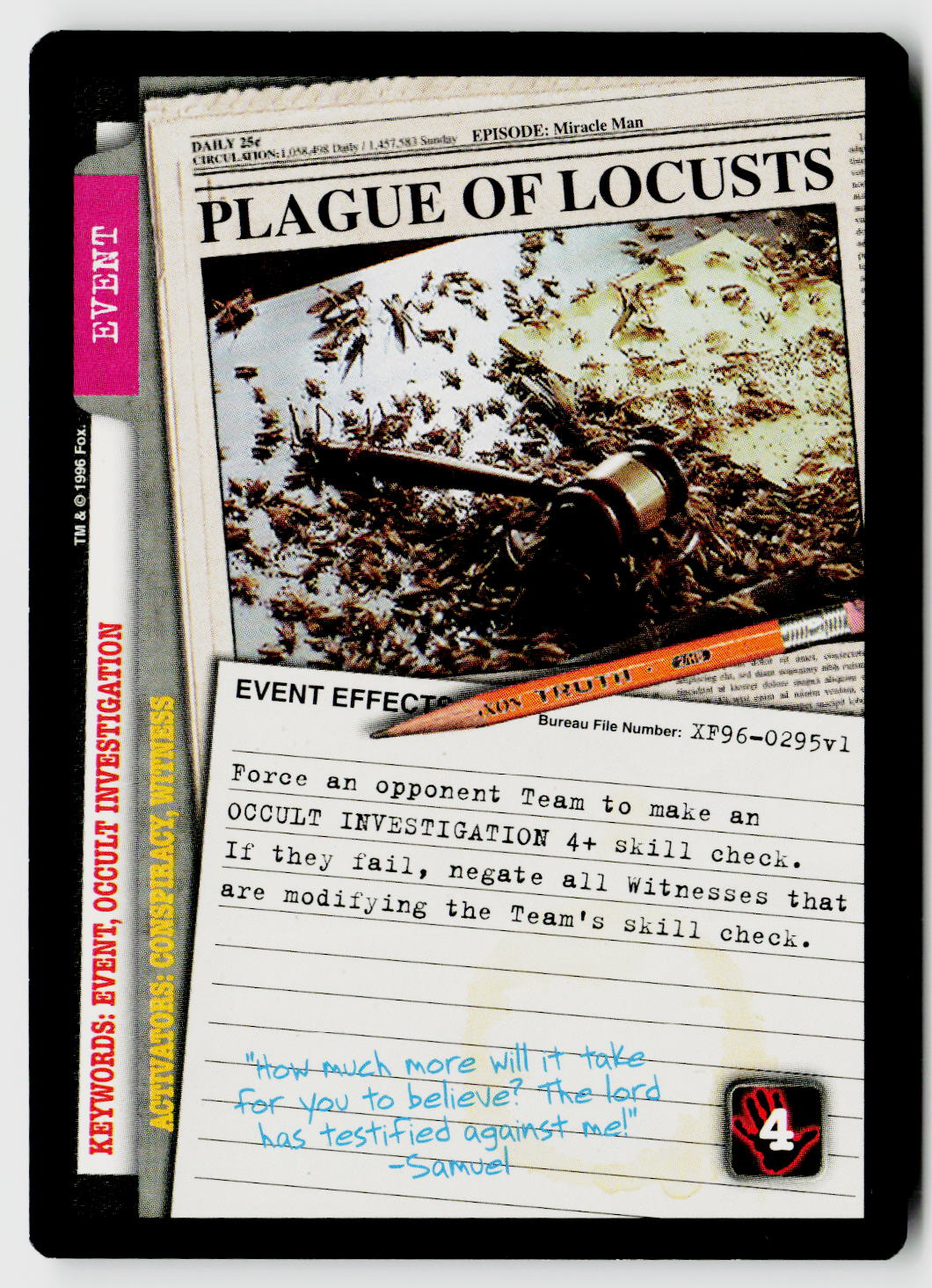 X-Files CCG | Premiere | Plague Of Locusts XF96-0295v1 Rare