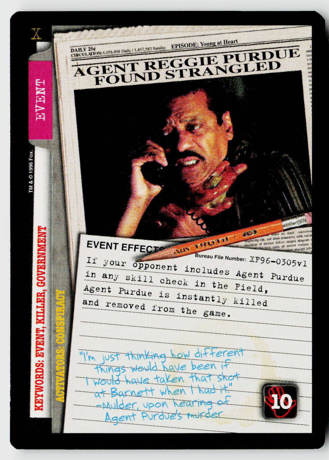 X-Files CCG | Premiere | Agent Reggie Purdue Found Strangled XF96-0305v1 Rare