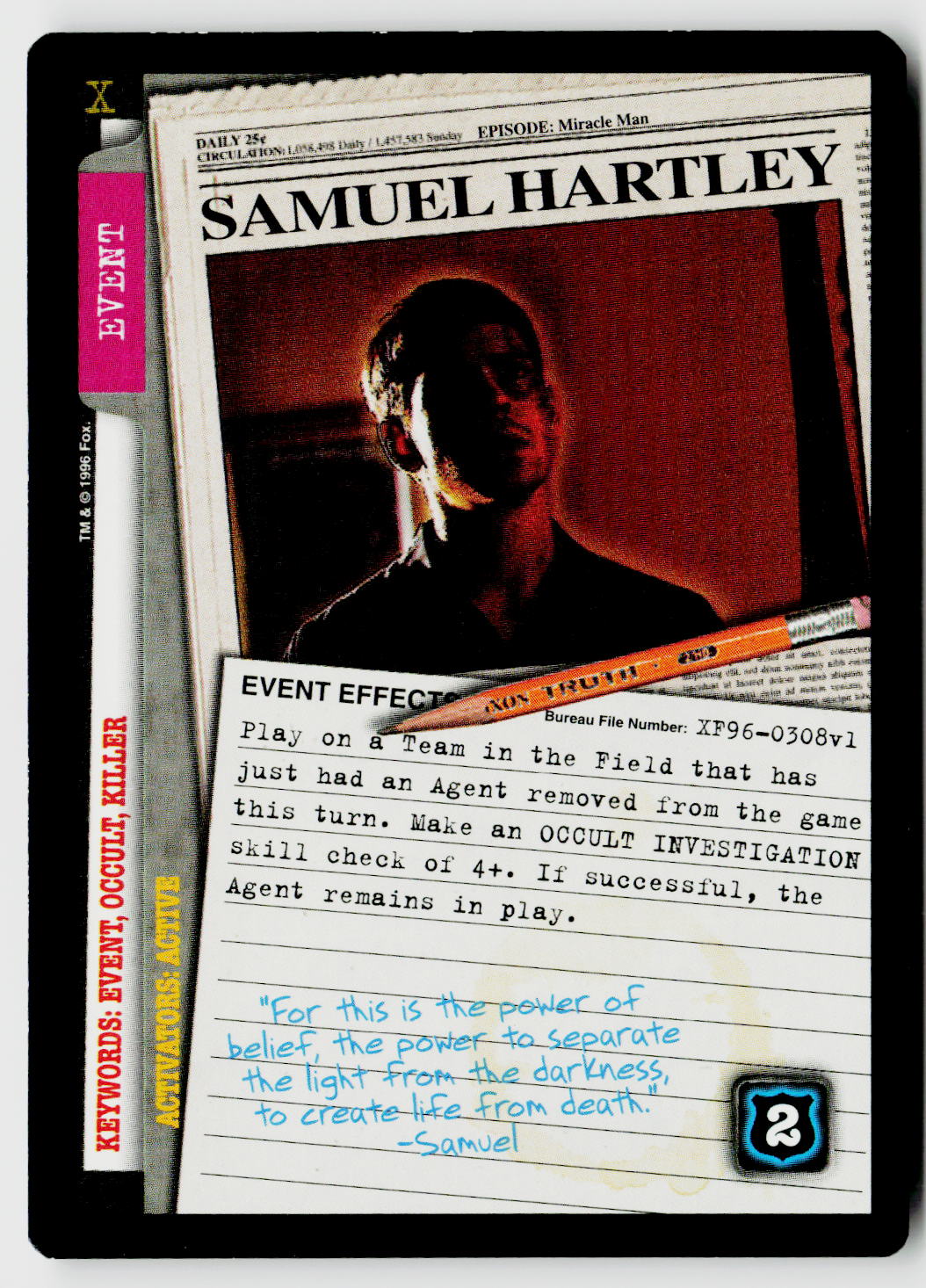 X-Files CCG | Premiere | Samuel Hartley XF96-0308v1 Rare