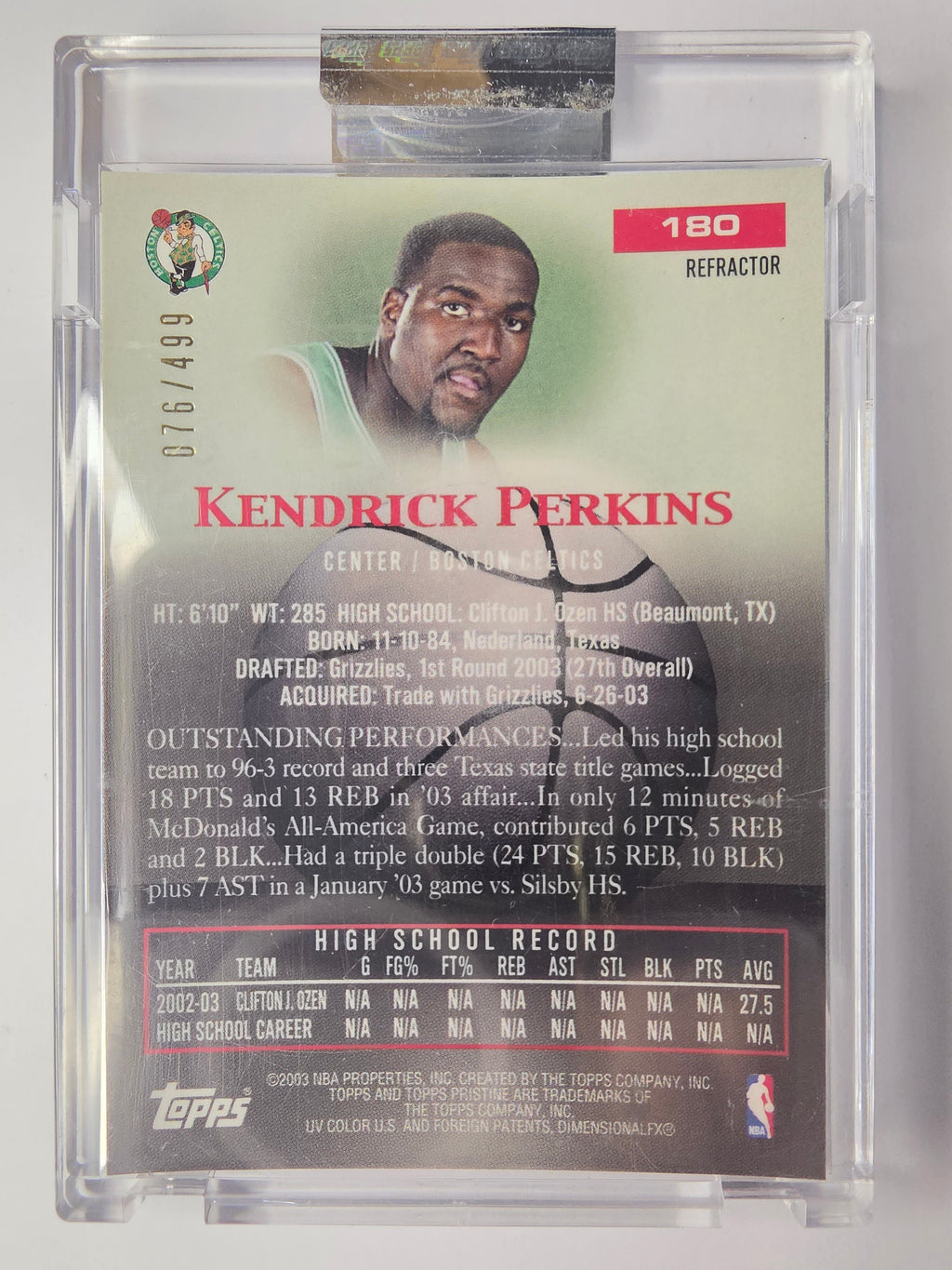 2003-04 Topps Pristine | Refractor | #180 | 076/499 | Kendrick Perkins | Boston Celtics | RC