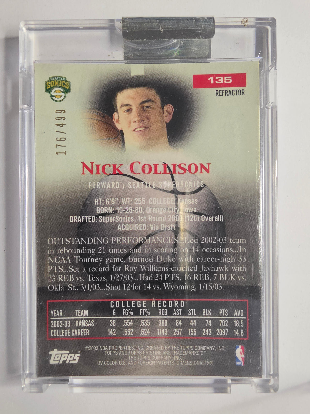 2003-04 Topps Pristine | Refractor | #135 | 176/499 | Nick Collison | Seattle SuperSonics | RC