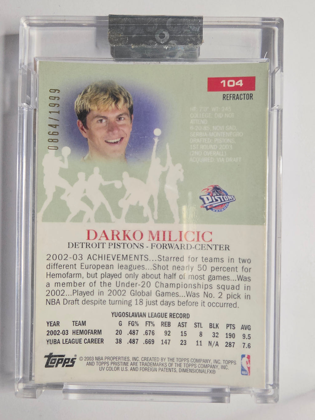 2003-04 Topps Pristine | Refractor | #104 | 0864/1999 | Darko Milicic | Detroit Pistons | RC