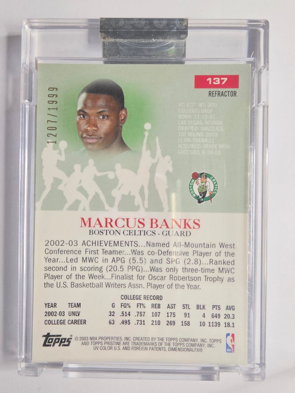 2003-04 Topps Pristine | Refractor | #137 | 1207/1999 | Marcus Banks | Boston Celtics | RC