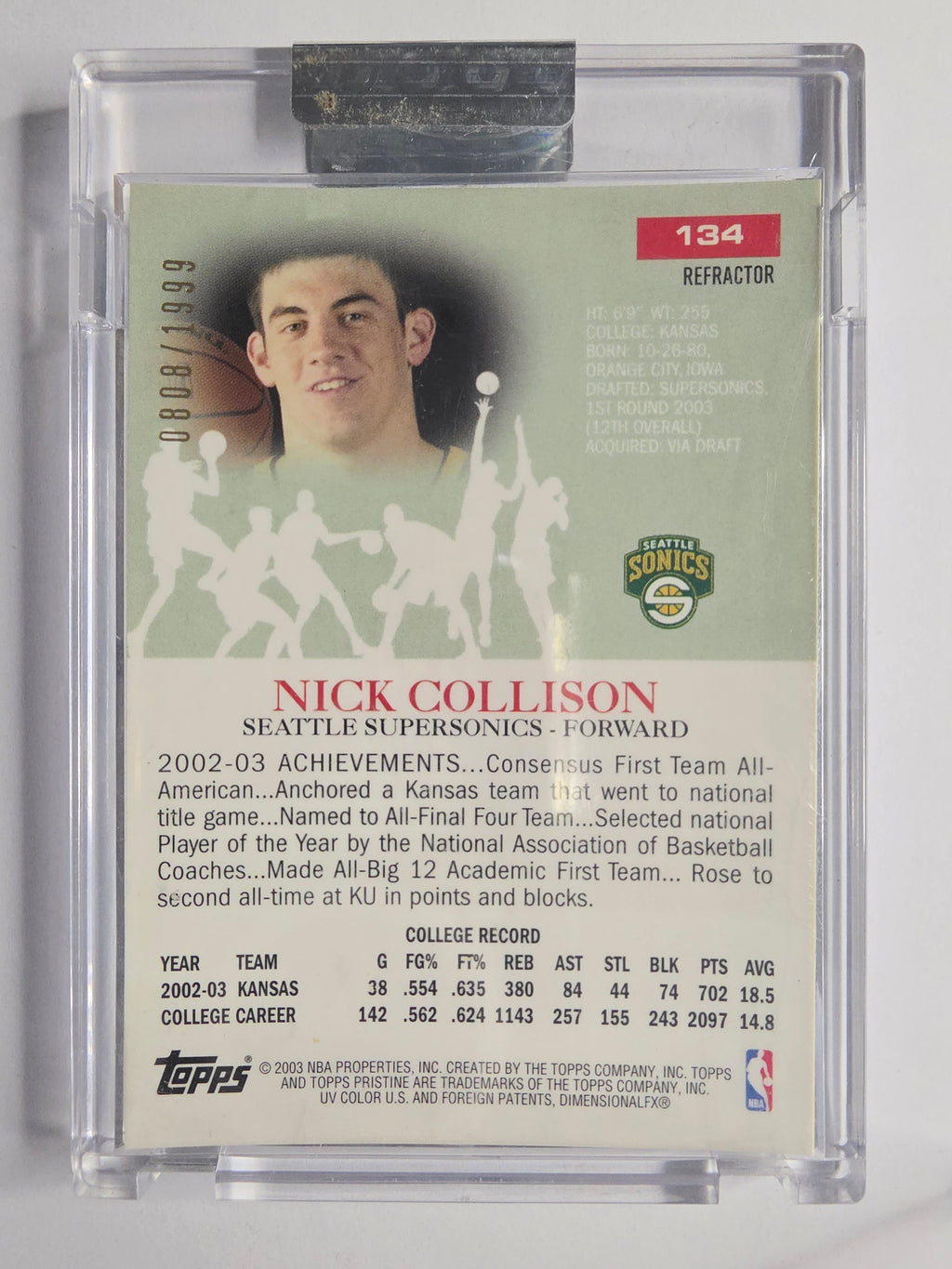 2003-04 Topps Pristine | Refractor | #134 | 0808/1999 | Nick Collison | Seattle SuperSonics | RC