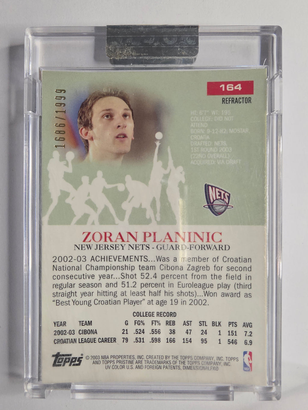 2003-04 Topps Pristine | Refractor | #164 | 1686/1999 | Zoran Planinic | New Jersey Nets | RC