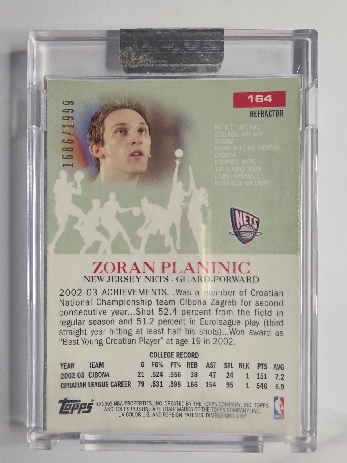 2003-04 Topps Pristine | Refractor | #164 | 1686/1999 | Zoran Planinic | New Jersey Nets | RC