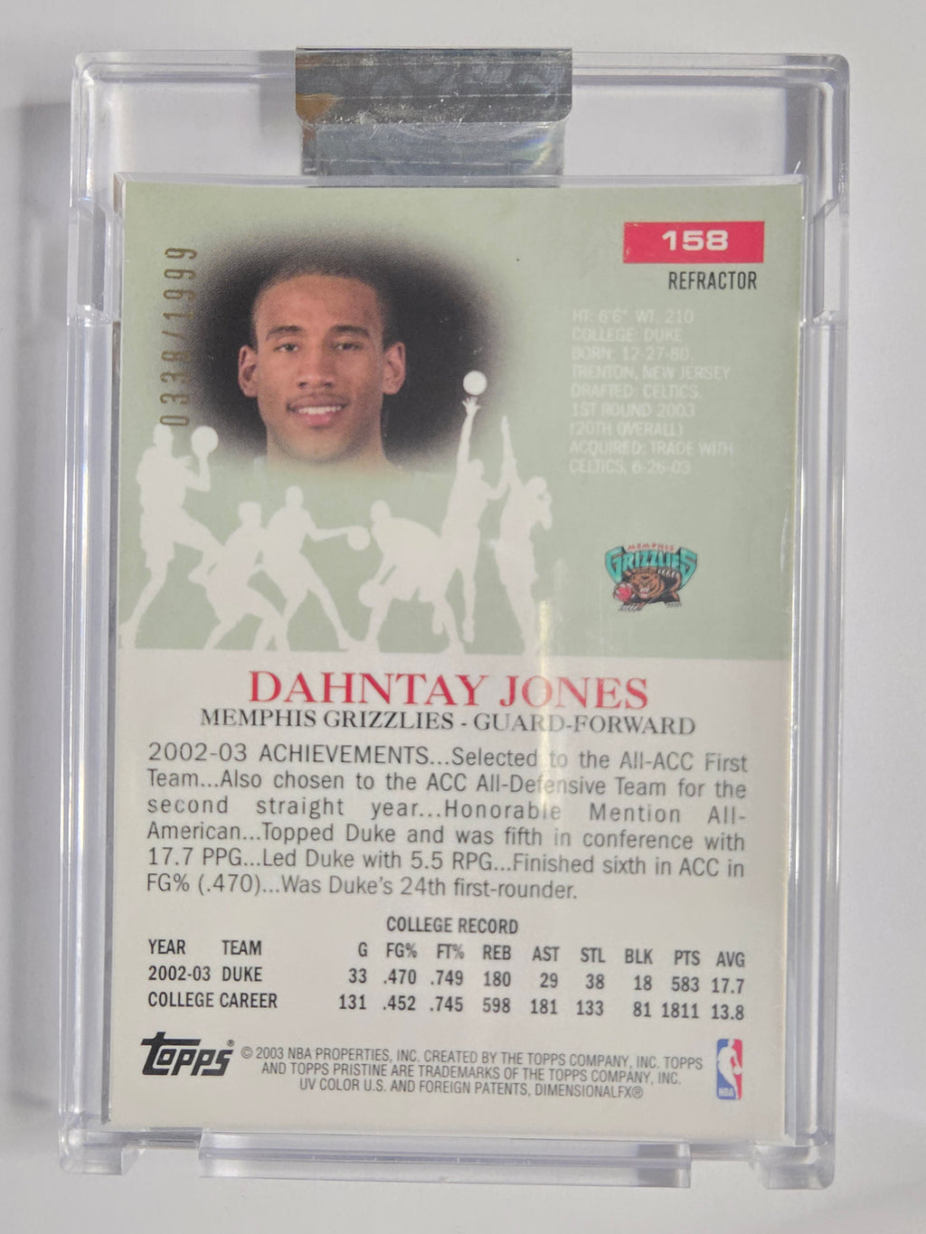 2003-04 Topps Pristine | Refractor | #158 | 0338/1999 | Dahntay Jones | Memphis Grizzlies | RC