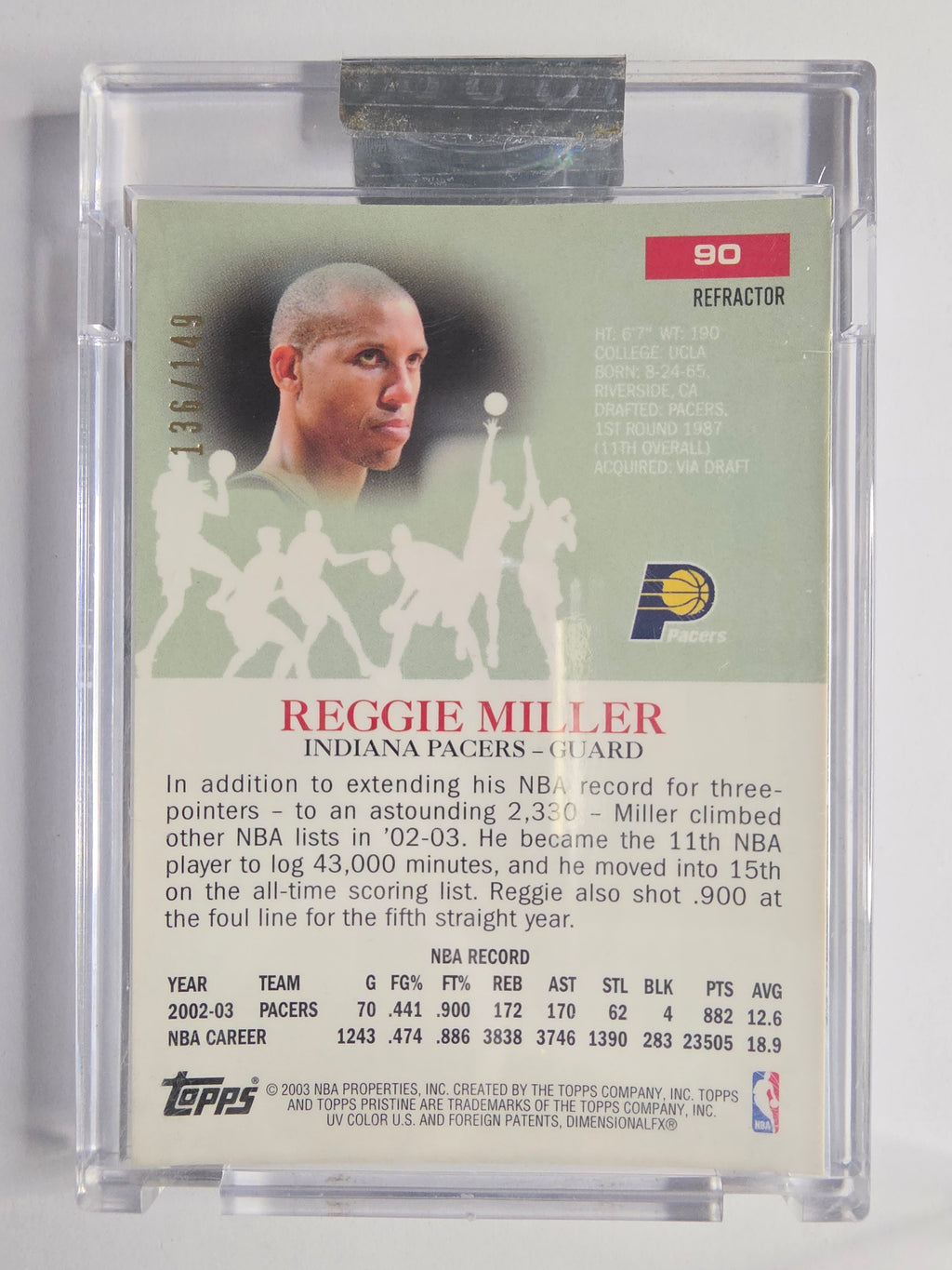 2003-04 Topps Pristine | Refractor | #90 | 136/149 | Reggie Miller | Indiana Pacers