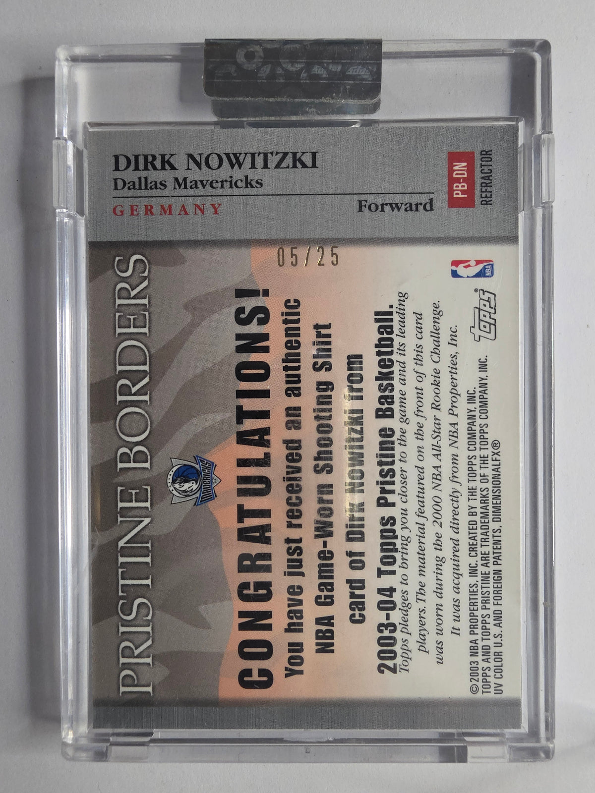 2003-04 Topps Pristine | Pristine Borders Relics Refractor | PB-DN | 05/25 | Dirk Nowitzki | Dallas Mavericks | Mem