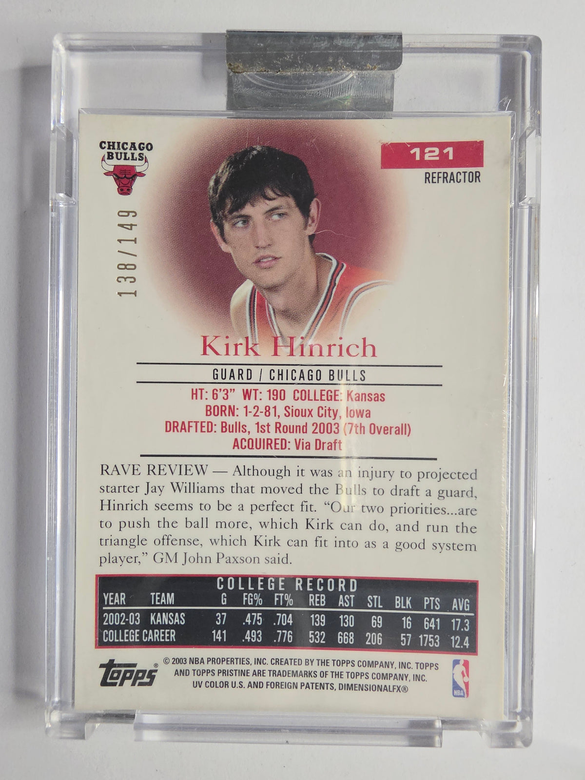 2003-04 Topps Pristine | Refractor | #121 | 138/149 | Kirk Hinrich | Chicago Bulls | RC