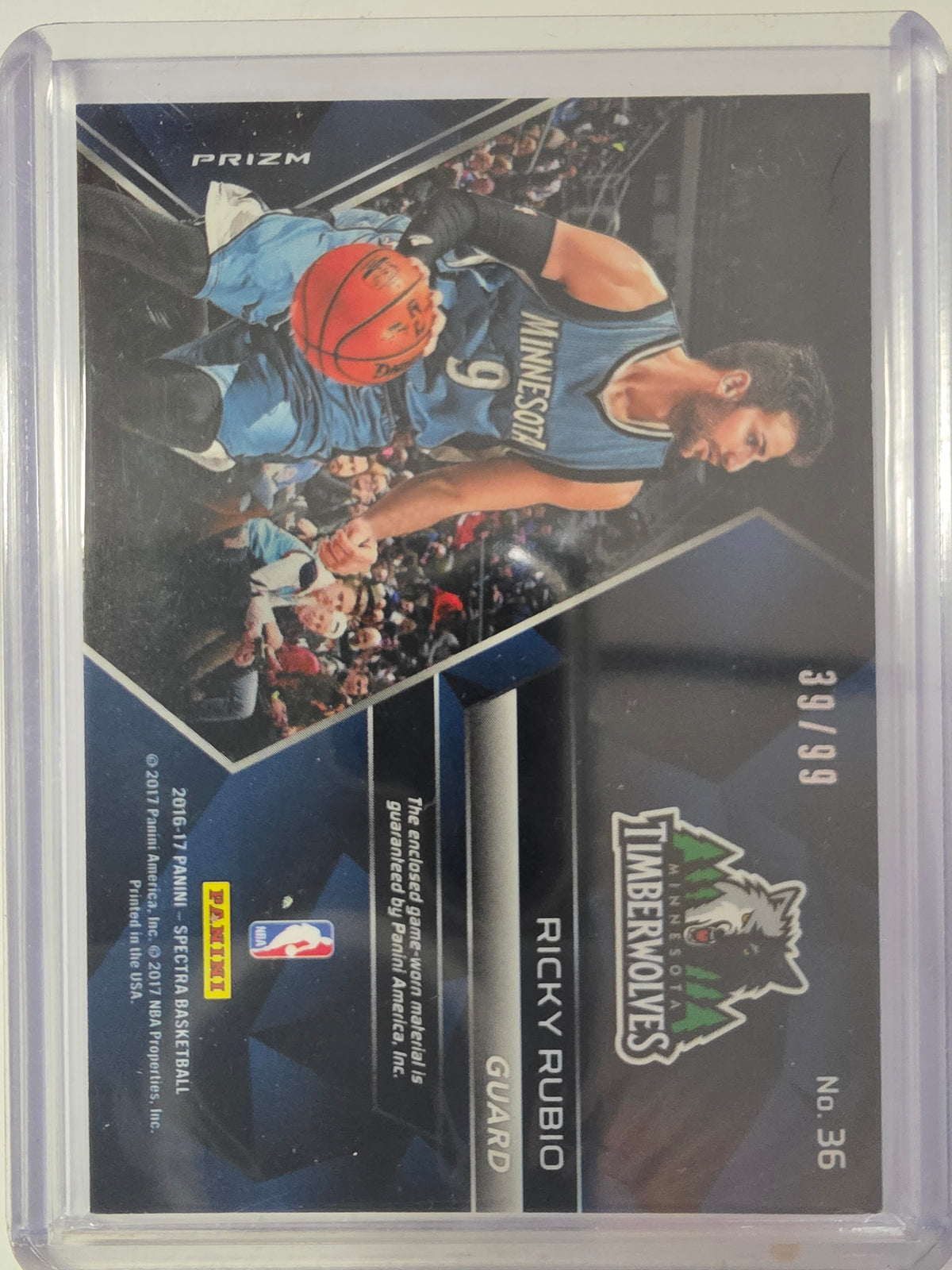 2016-17 Panini Spectra | Spectacular Swatches Prizm | #36 | 39/99 | Ricky Rubio | Timberwolves | Mem