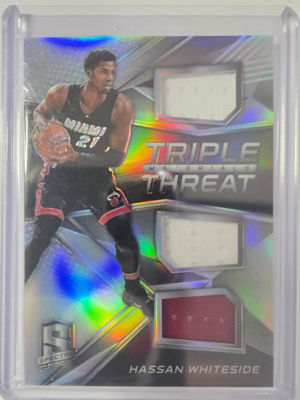 2016-17 Panini Spectra | Triple Materials Threat Prizm | #9 | 105/149 | Hassan Whiteside | Heat | Mem