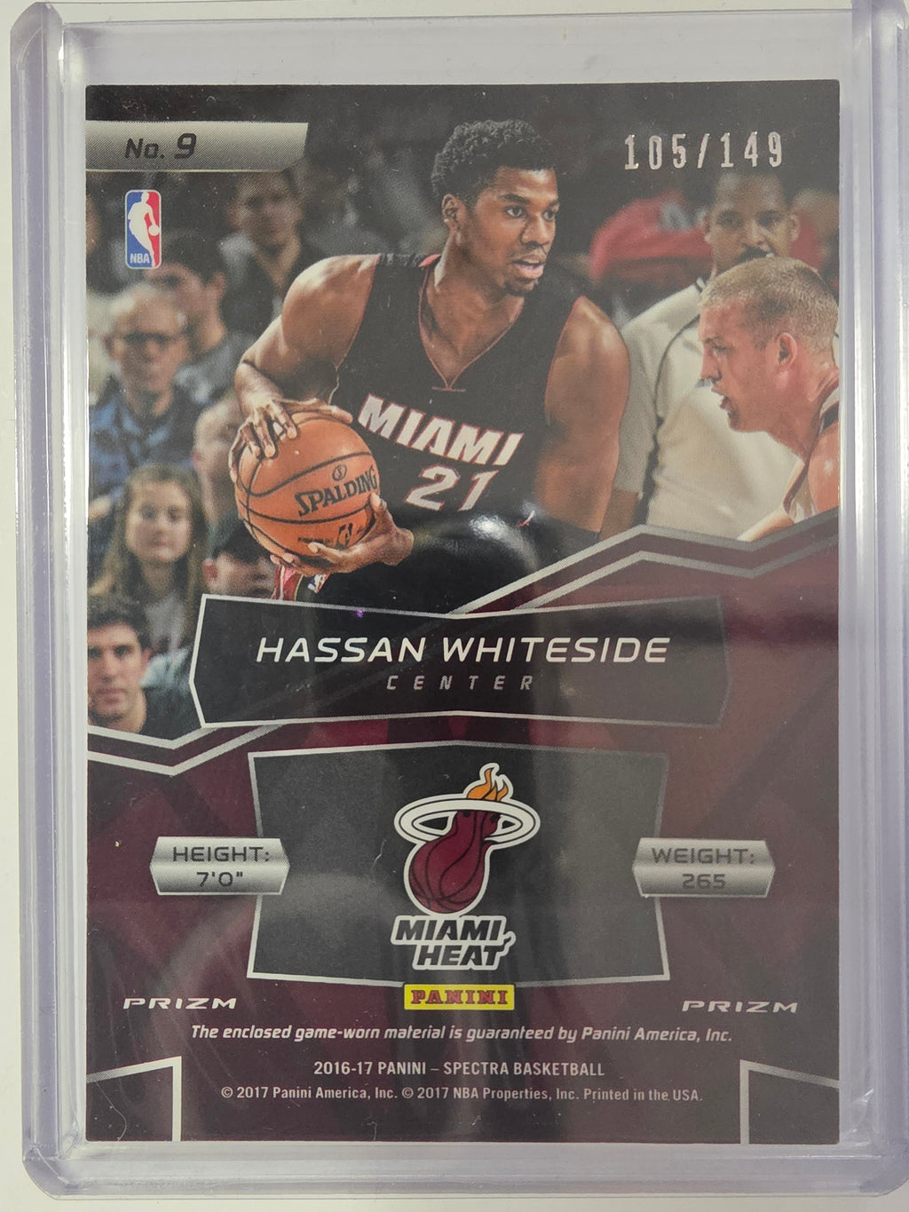 2016-17 Panini Spectra | Triple Materials Threat Prizm | #9 | 105/149 | Hassan Whiteside | Heat | Mem