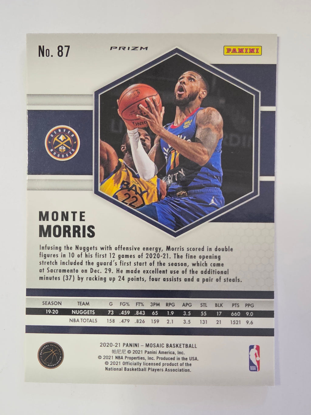 2020-21 Panini Mosaic | Pink Mosaic Parallel | #87 | Monte Morris | Denver Nuggets