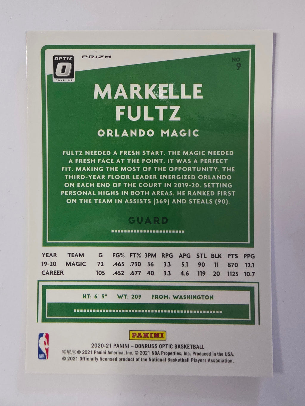 2020-21 Panini Donruss Optic | Purple Prizm | #9 | Markelle Fultz | Orlando Magic