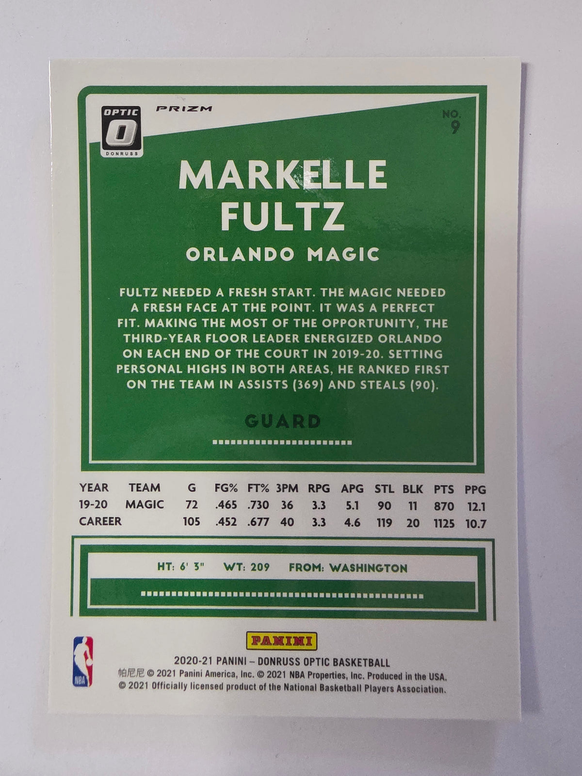 2020-21 Panini Donruss Optic | Purple Prizm | #9 | Markelle Fultz | Orlando Magic