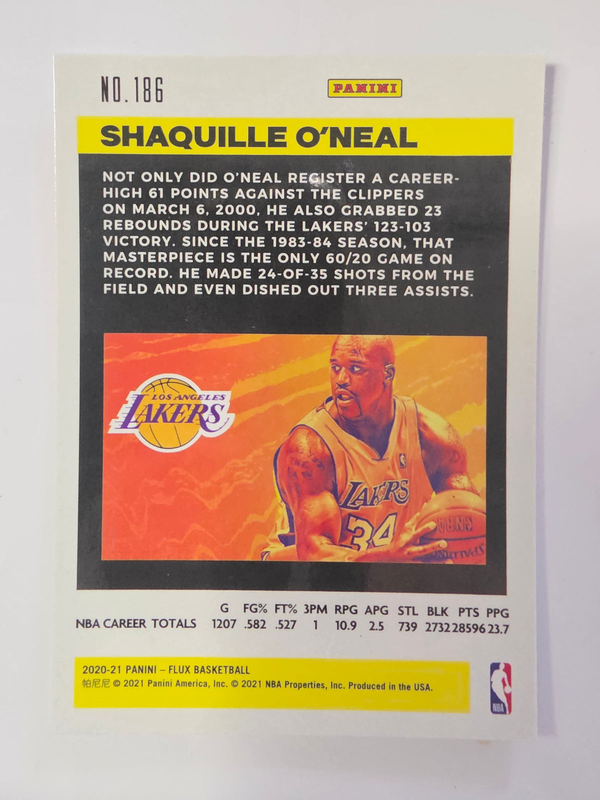 2020-21 Panini Flux | Silver Prizm Parallel | #186 | Shaquille O'Neal | Los Angeles Lakers
