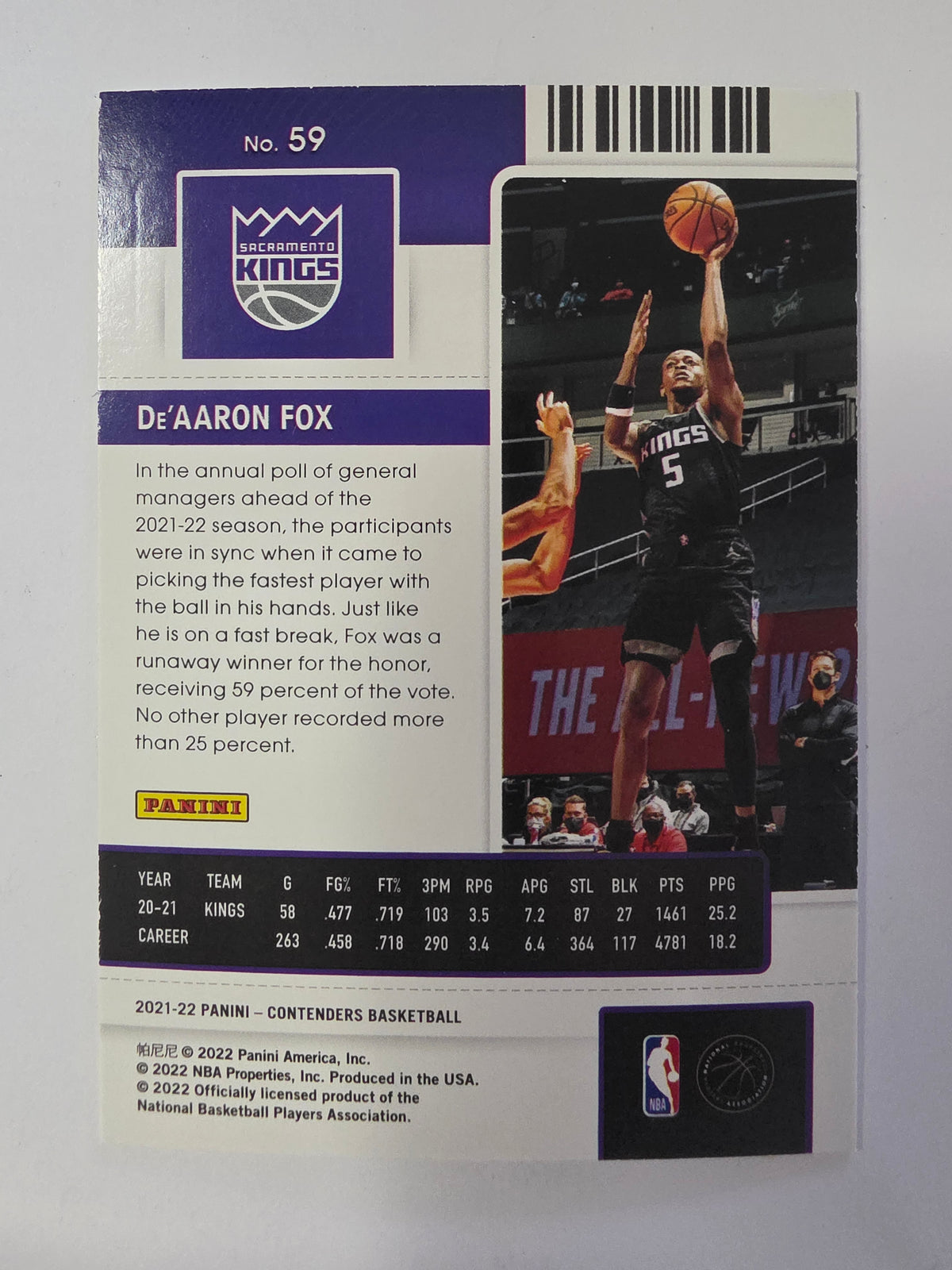 2021-22 Panini Contenders | Season Ticket | #59 | De'Aaron Fox | Sacramento Kings