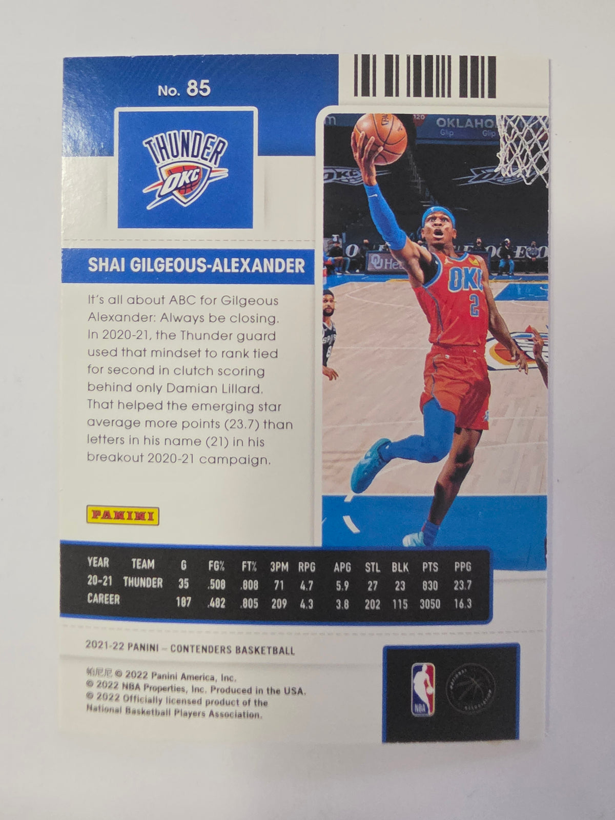 2021-22 Panini Contenders | Season Ticket | #85 | Shai Gilgeous-Alexander | Oklahoma City Thunder