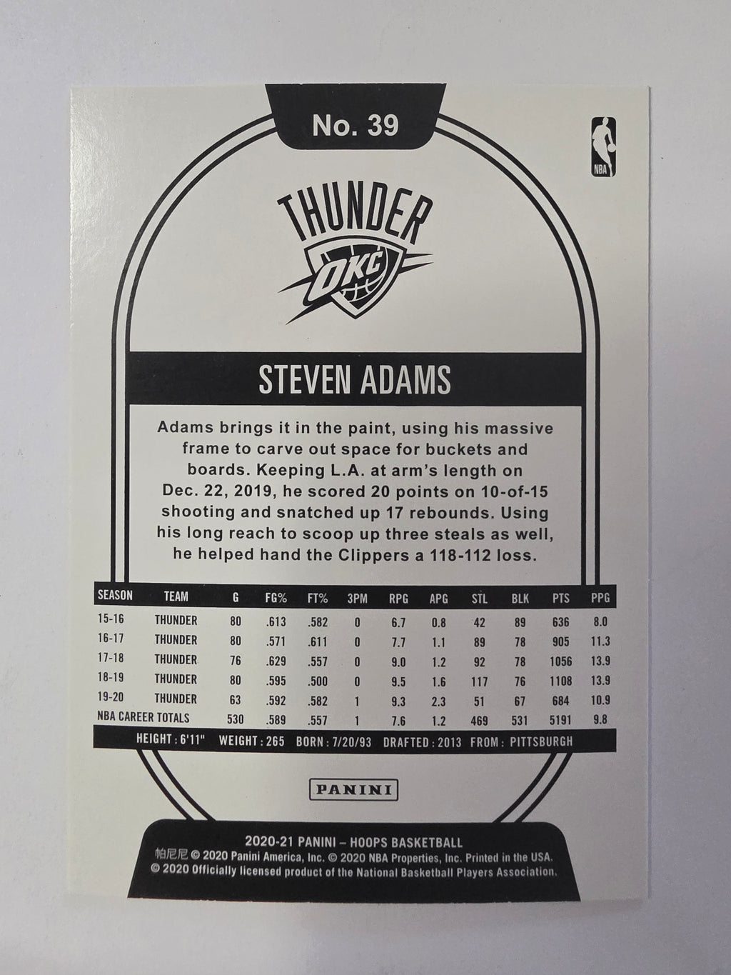 2020-21 Panini Hoops | Green Parallel | #39 | Steven Adams | Oklahoma City Thunder