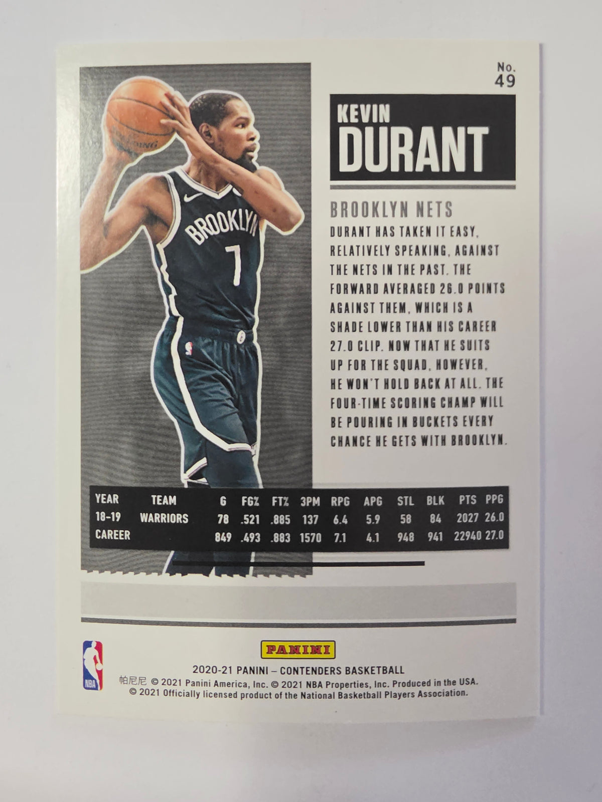 2020-21 Panini Contenders | Season Ticket Game 32 | #49 | Kevin Durant | Brooklyn Nets