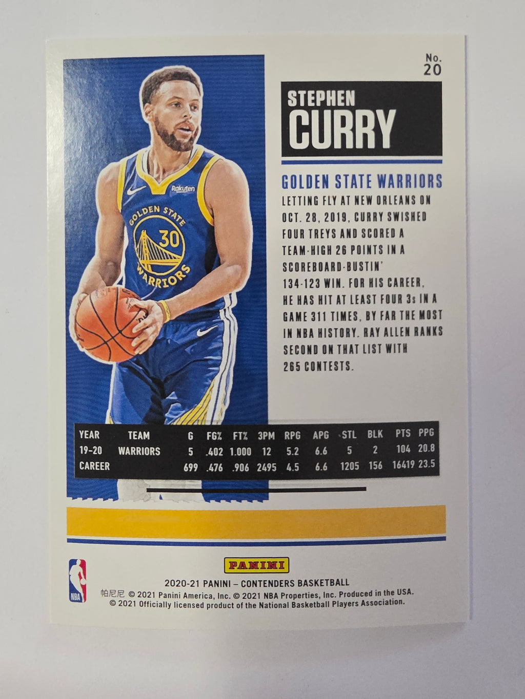 2020-21 Panini Contenders | Season Ticket Game 32 | #20 | Stephen Curry | Golden State Warriors
