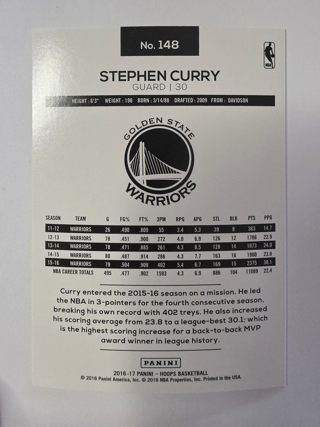 2016-17 Panini Hoops | Base Card | #148 | Stephen Curry | Golden State Warriors
