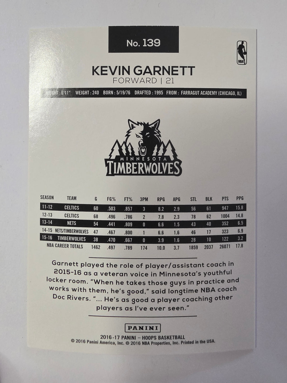 2016-17 Panini Hoops | Base Card | #139 | Kevin Garnett | Minnesota Timberwolves