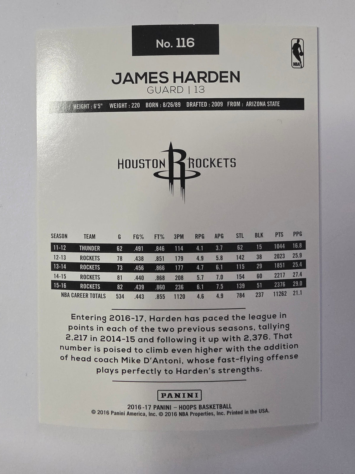 2016-17 Panini Hoops | Base Card | #116 | James Harden | Houston Rockets