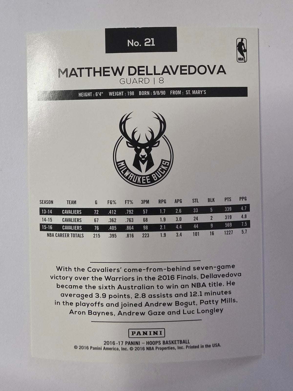 2016-17 Panini Hoops | Base Card | #21 | Matthew Dellavedova | Milwaukee Bucks