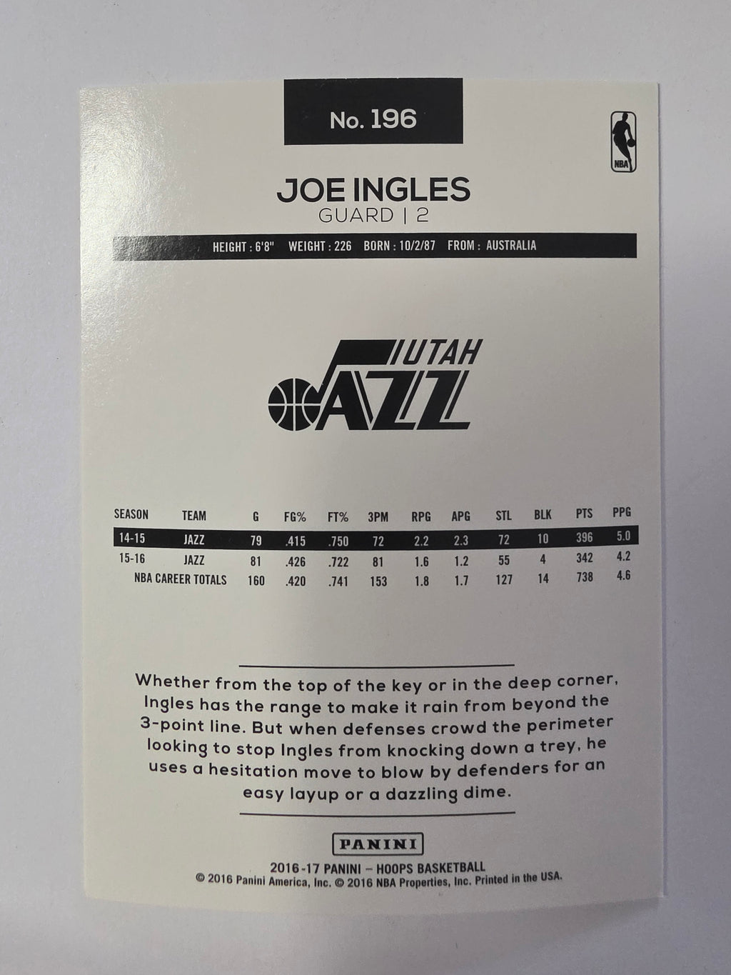 2016-17 Panini Hoops | Base Card | #196 | Joe Ingles | Utah Jazz