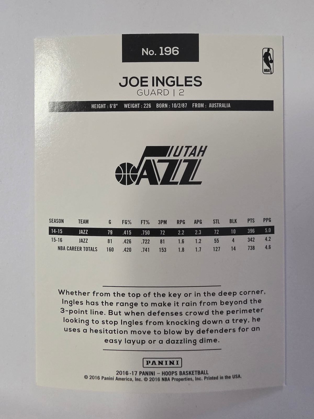 2016-17 Panini Hoops | Base Card | #196 | Joe Ingles | Utah Jazz