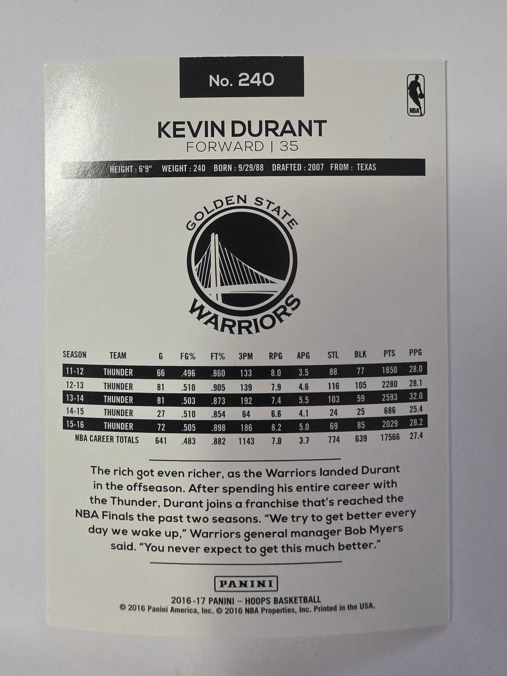 2016-17 Panini Hoops | Base Card | #240 | Kevin Durant | Golden State Warriors