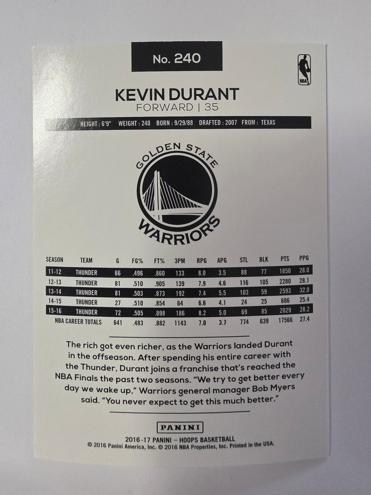 2016-17 Panini Hoops | Base Card | #240 | Kevin Durant | Golden State Warriors