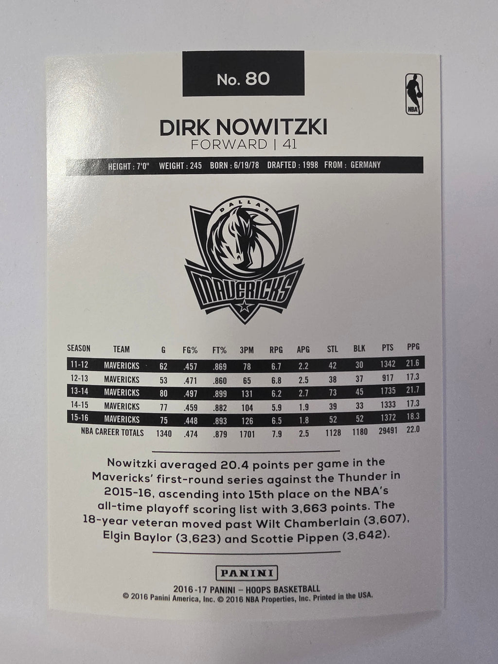 2016-17 Panini Hoops | Base Card | #80 | Dirk Nowitzki | Dallas Mavericks