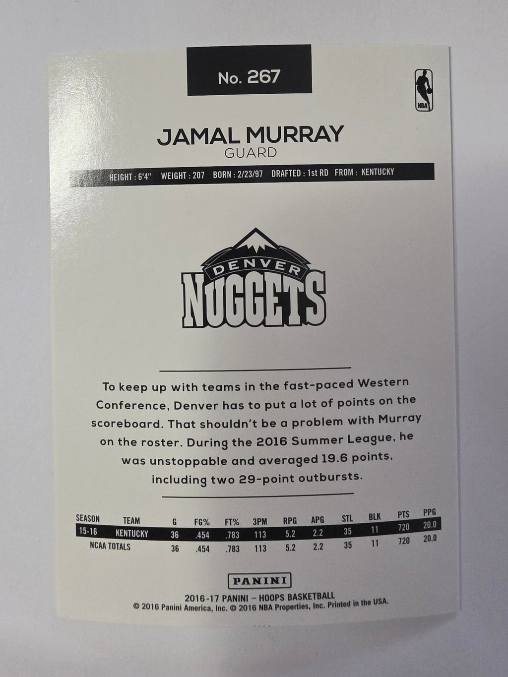 2016-17 Panini Hoops | Rookie Card RC | #267 | Jamal Murray | Denver Nuggets