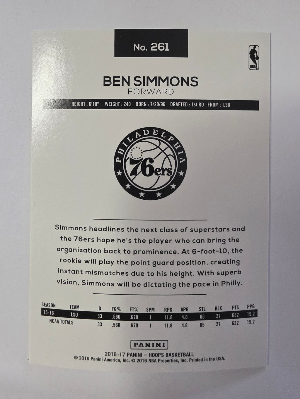 2016-17 Panini Hoops | Rookie Card RC | #261 | Ben Simmons | Philadelphia 76ers