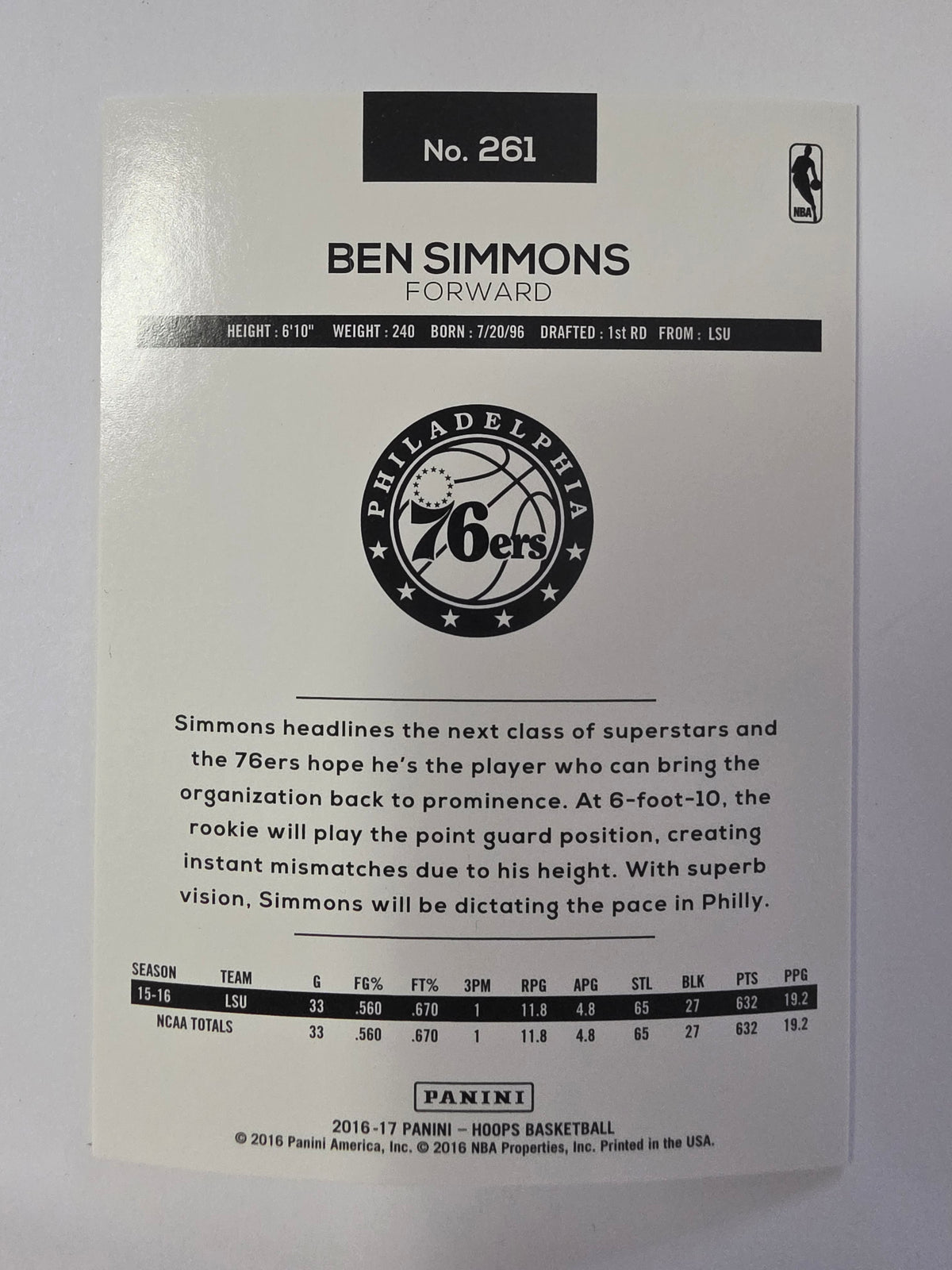 2016-17 Panini Hoops | Rookie Card RC | #261 | Ben Simmons | Philadelphia 76ers