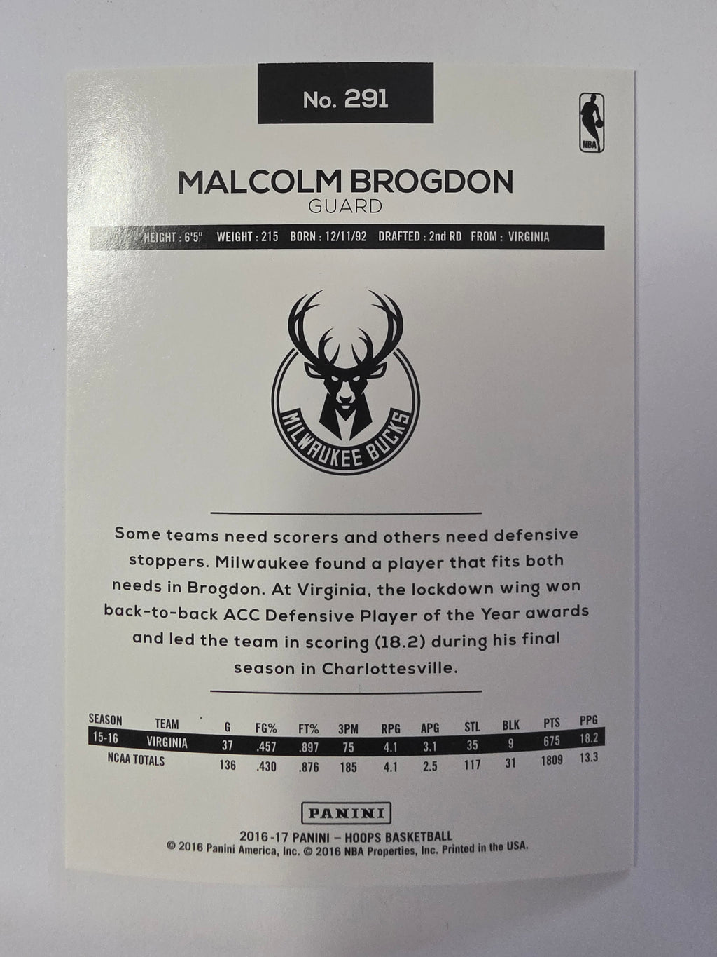 2016-17 Panini Hoops | Rookie Card RC | #291 | Malcolm Brogdon | Milwaukee Bucks