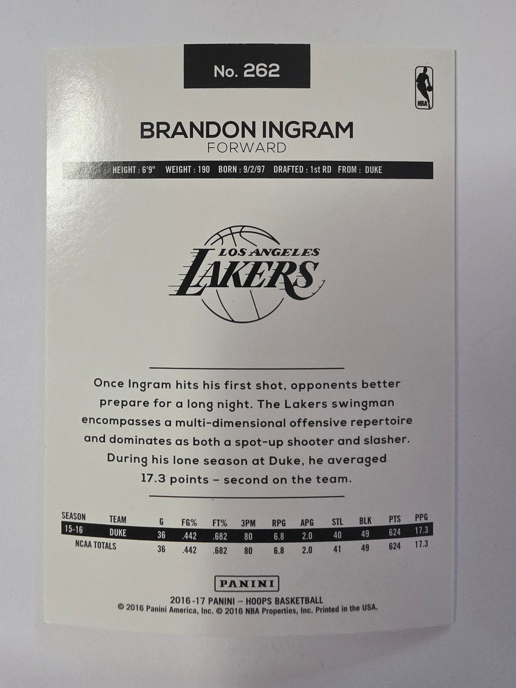 2016-17 Panini Hoops | Rookie Card RC | #262 | Brandon Ingram | Los Angeles Lakers