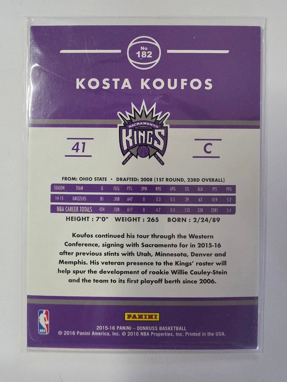 2015-16 Panini Donruss | Purple Laser Parallel | #182 | Kosta Koufos | Sacramento Kings