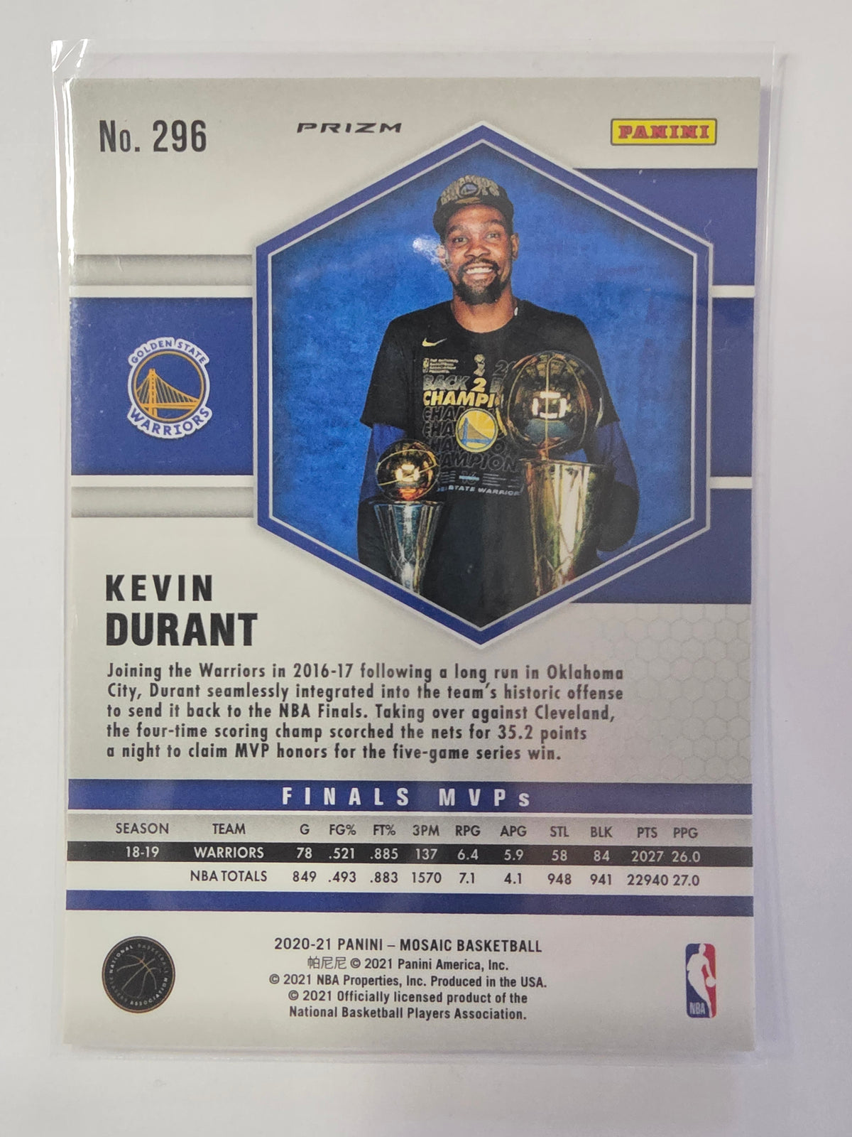 2020-21 Panini Mosaic | Pink Mosaic Parallel - Finals MVPs | #296 | Kevin Durant | Golden State Warriors