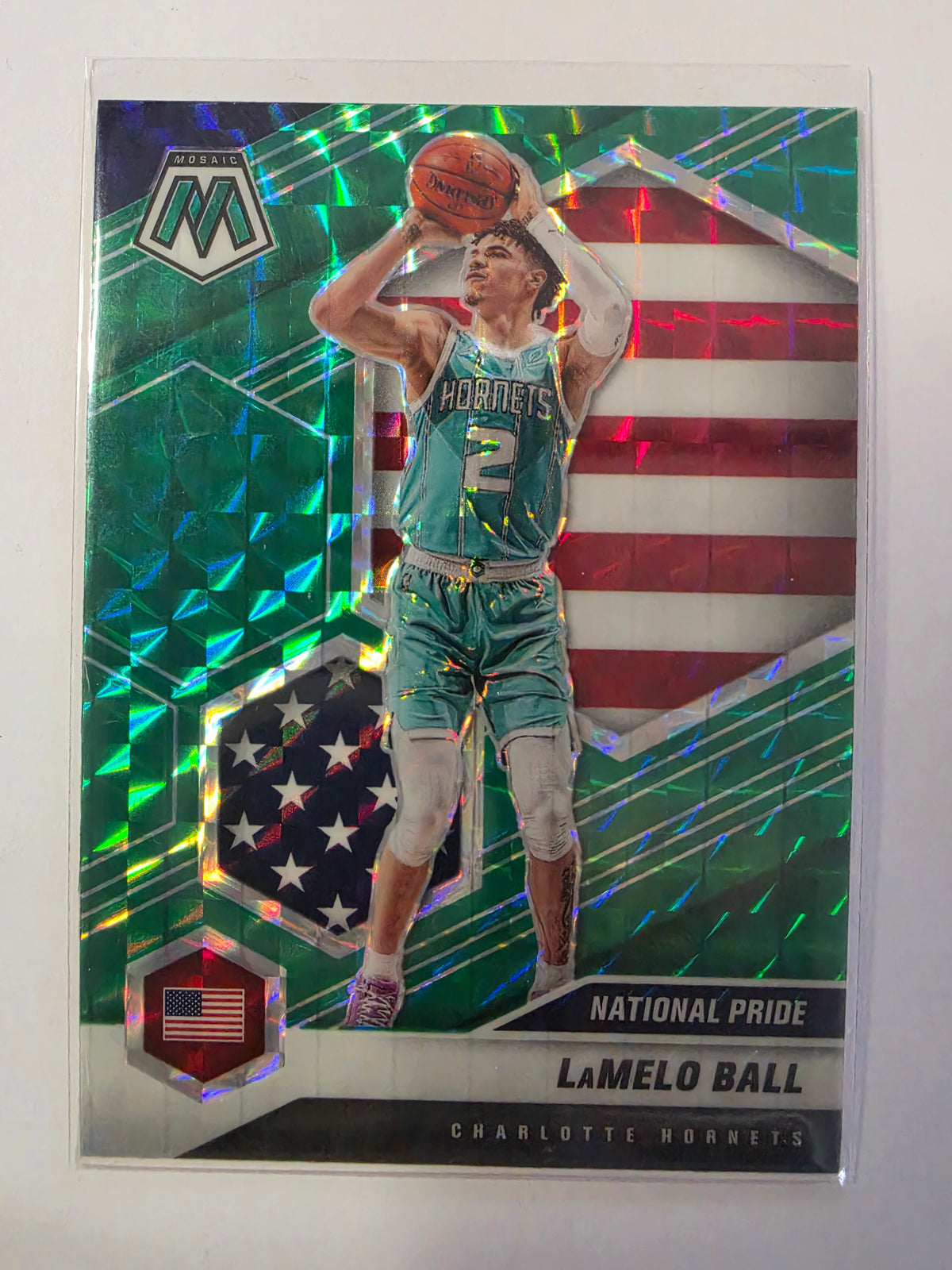 2020-21 Panini Mosaic | Green Mosaic Parallel - National Pride | #257 | LaMelo Ball | Charlotte Hornets
