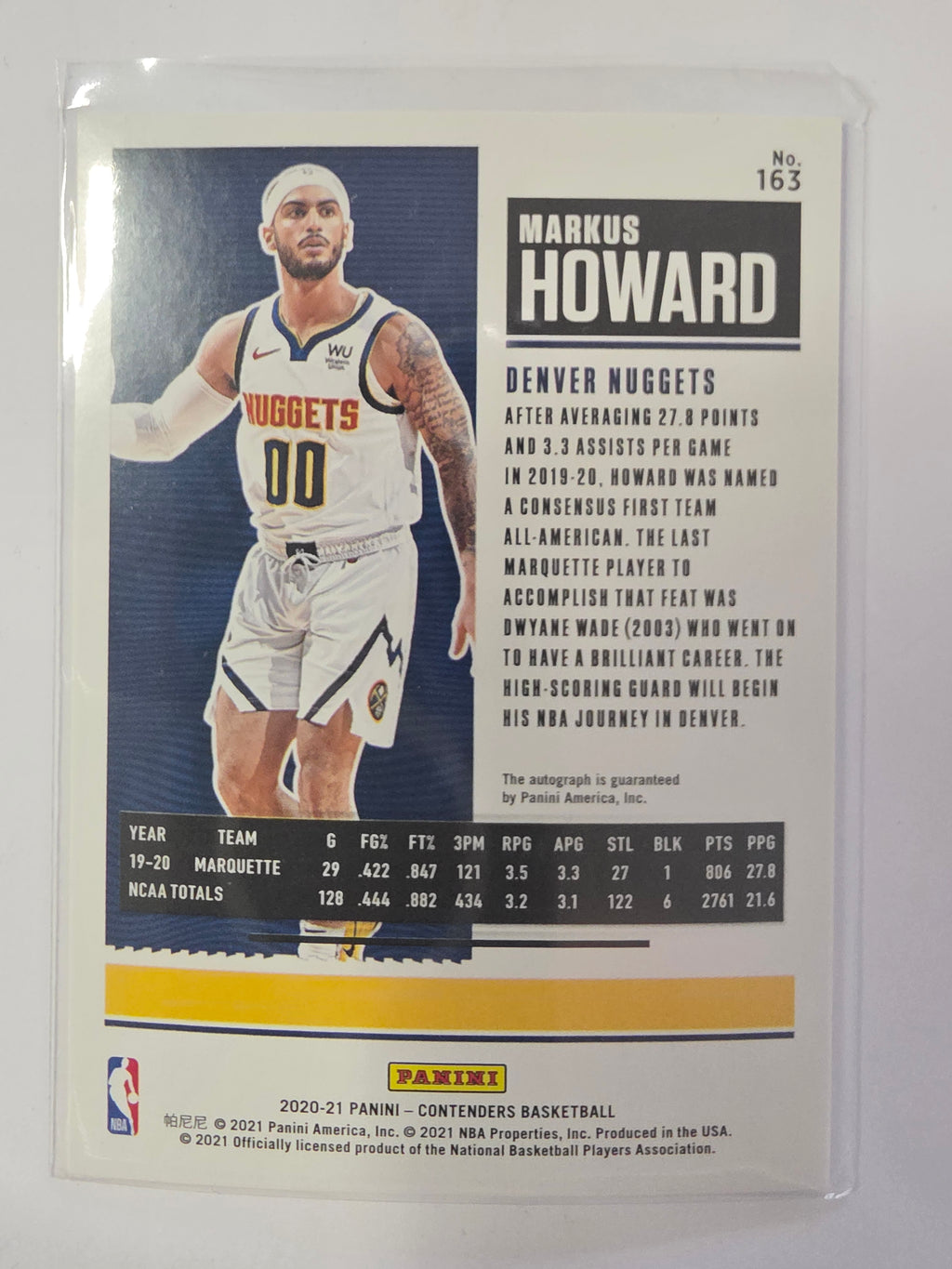 2020-21 Panini Contenders | Rookie Ticket Autographs Auto RC | #163 | Markus Howard | Denver Nuggets